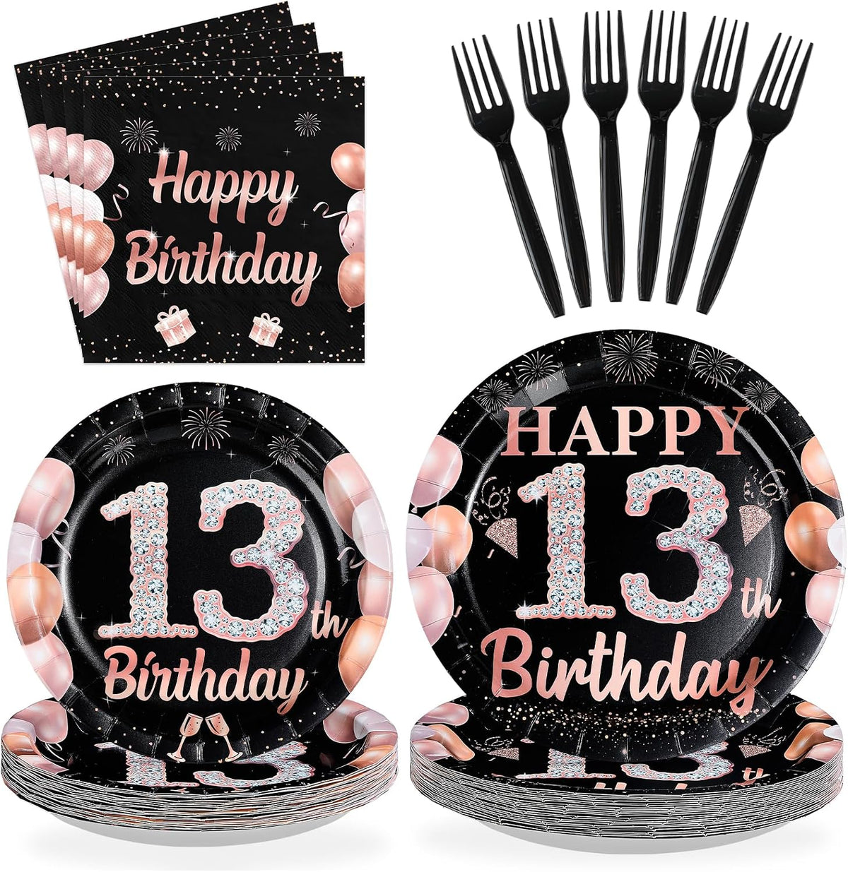 96 Pcs Black Pink 13th Birthday Party Plates and Napkins - Grencian