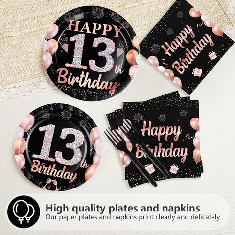 96 Pcs Black Pink 13th Birthday Party Plates and Napkins - Grencian