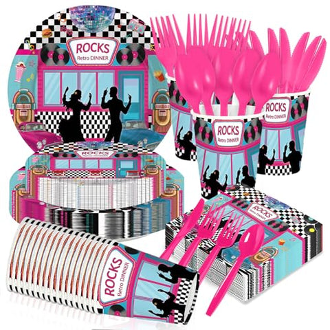 168 Pcs 50s Party Plates Napkins Cups and Forks - Grencian