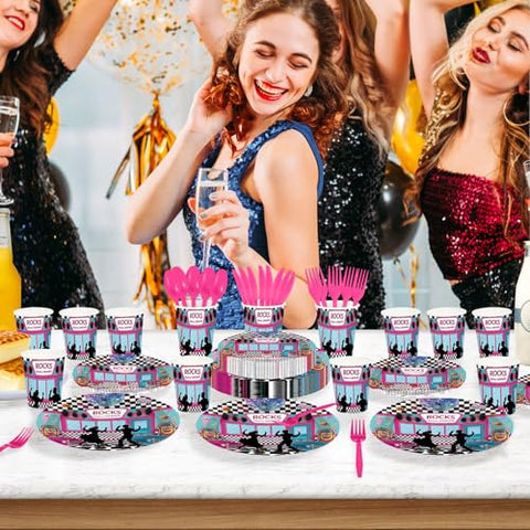 168 Pcs 50s Party Plates Napkins Cups and Forks - Grencian