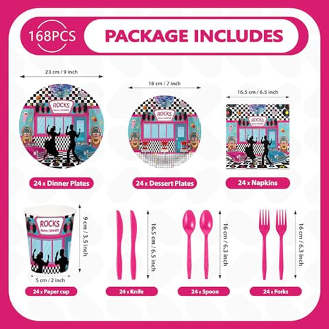 168 Pcs 50s Party Plates Napkins Cups and Forks - Grencian