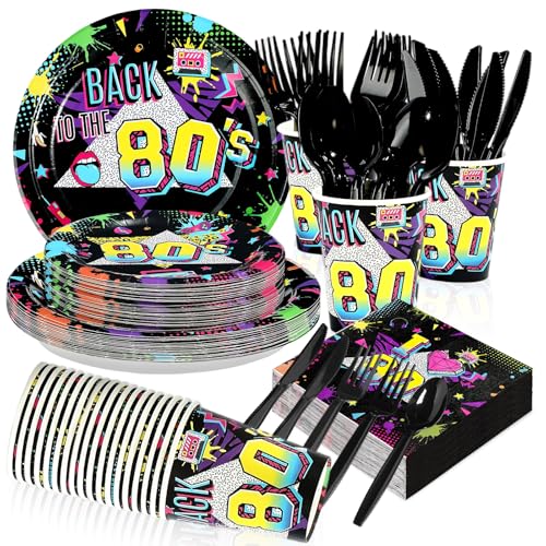 168 Pcs 80s Party Plates Napkins Cups and Forks - Grencian