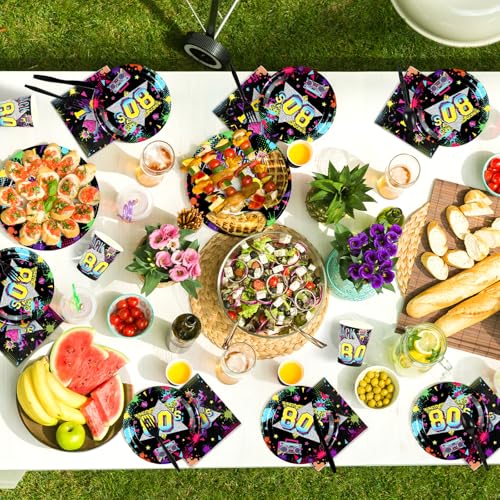 168 Pcs 80s Party Plates Napkins Cups and Forks - Grencian