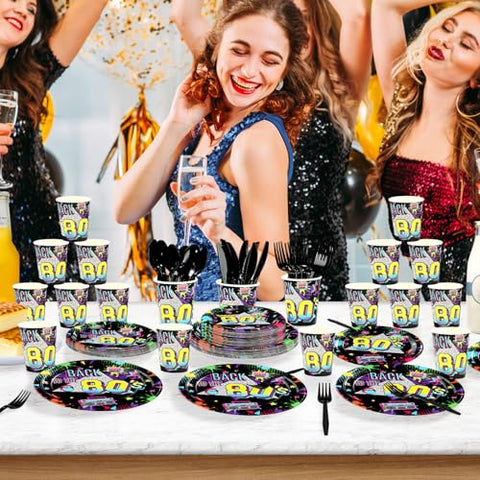 168 Pcs 80s Party Plates Napkins Cups and Forks - Grencian