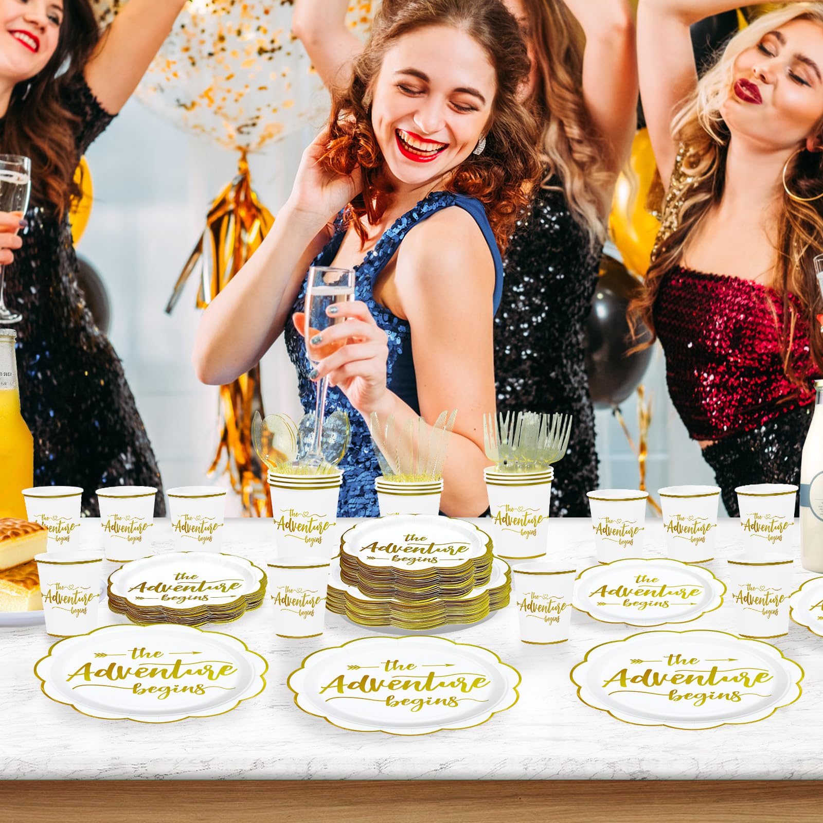 168 Pcs Adventure Party Scalloped Plates Napkins Cups and Forks - Grencian