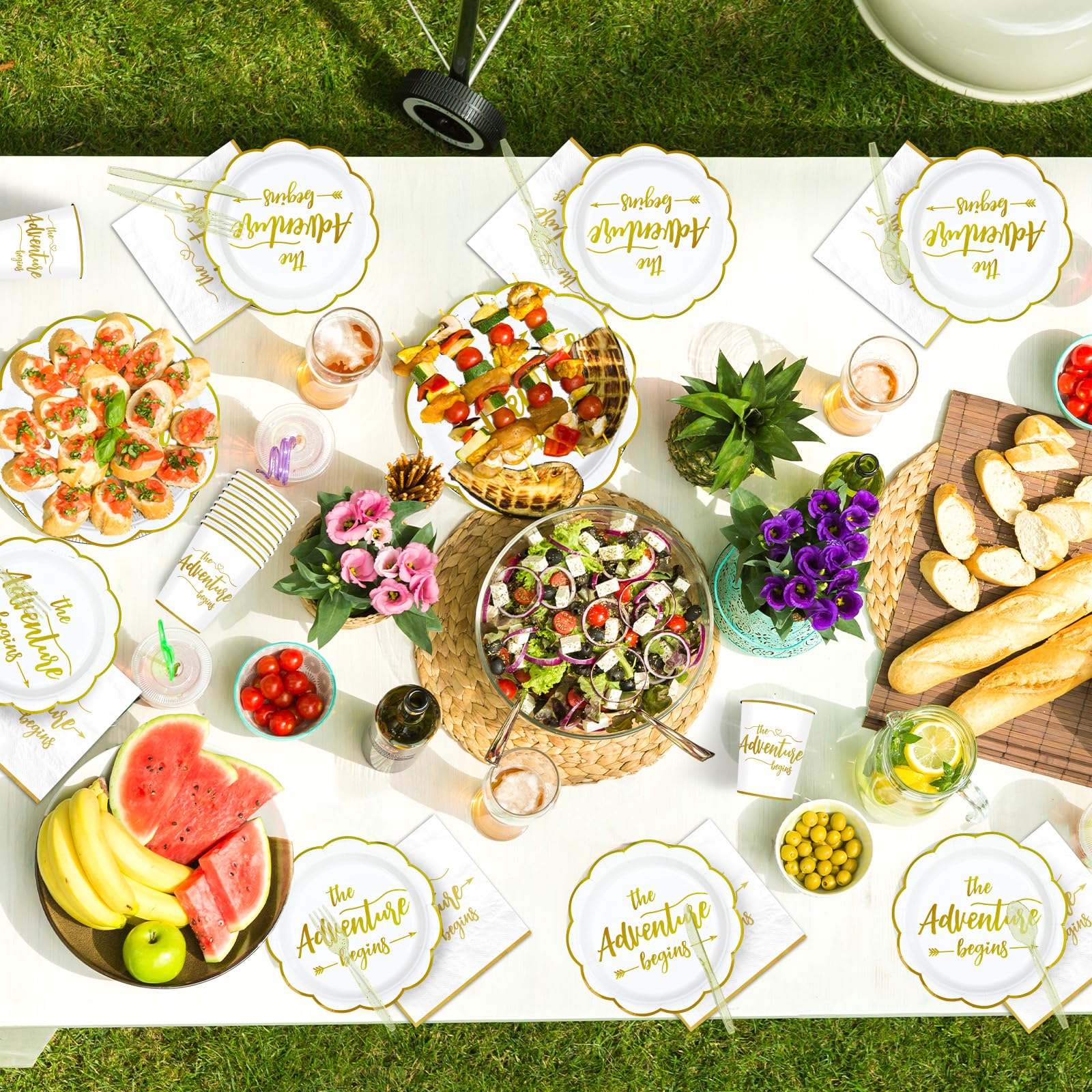 168 Pcs Adventure Party Scalloped Plates Napkins Cups and Forks - Grencian