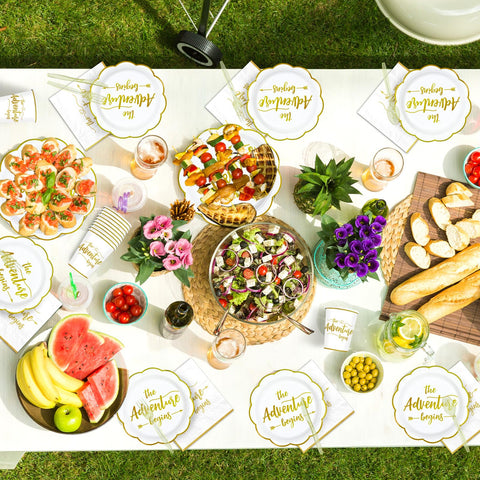 168 Pcs Adventure Party Scalloped Plates Napkins Cups and Forks - Grencian