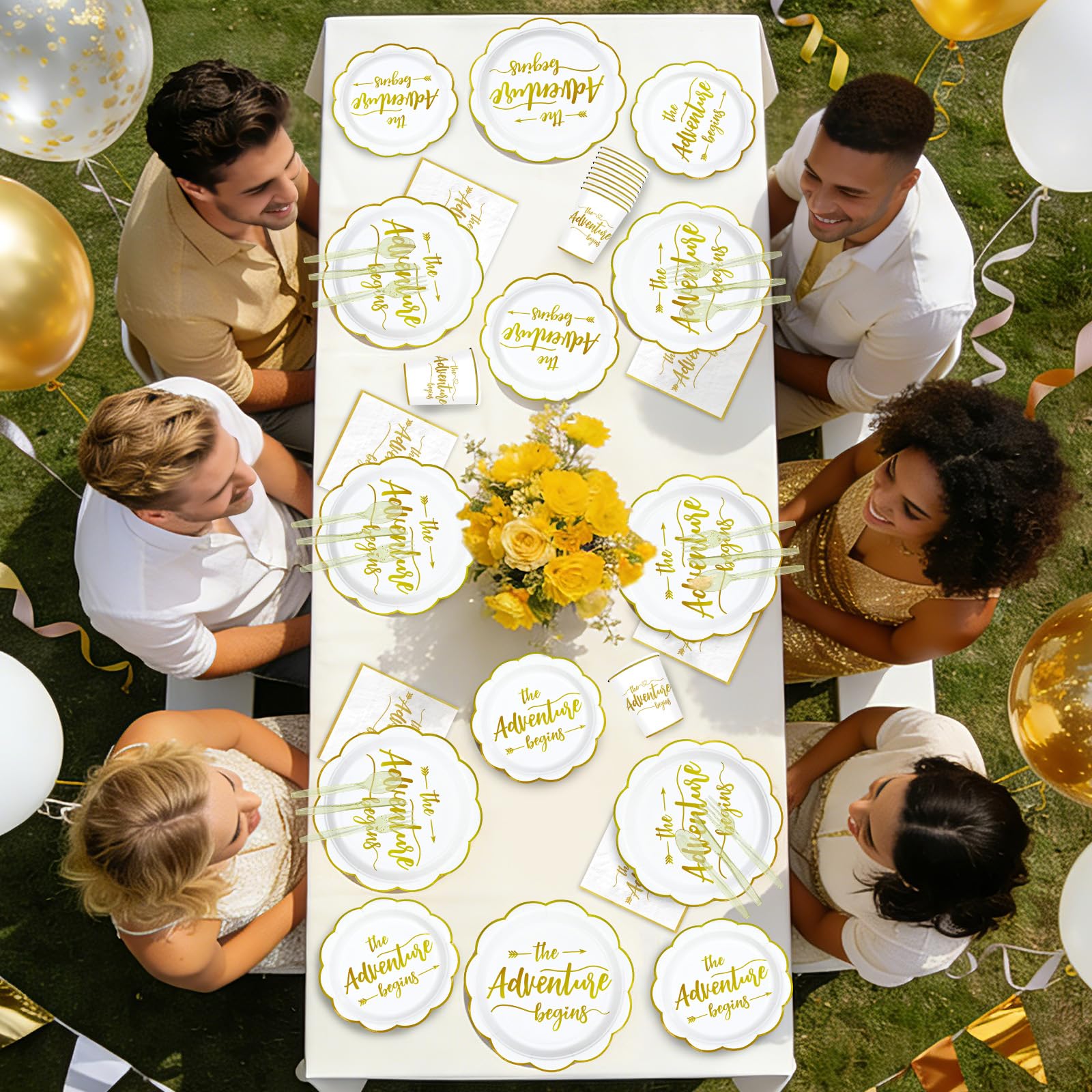168 Pcs Adventure Party Scalloped Plates Napkins Cups and Forks - Grencian