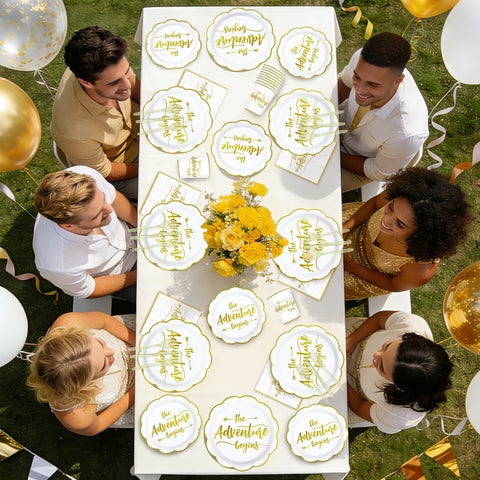 168 Pcs Adventure Party Scalloped Plates Napkins Cups and Forks - Grencian