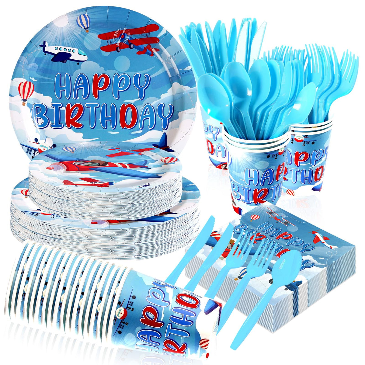 168 Pcs Airplane Birthday Party Plates Napkins Cups and Forks - Grencian