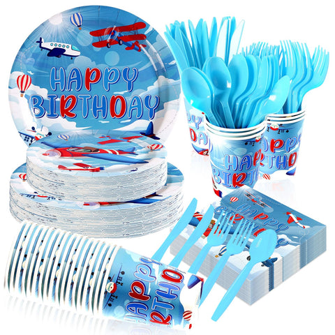 168 Pcs Airplane Birthday Party Plates Napkins Cups and Forks - Grencian