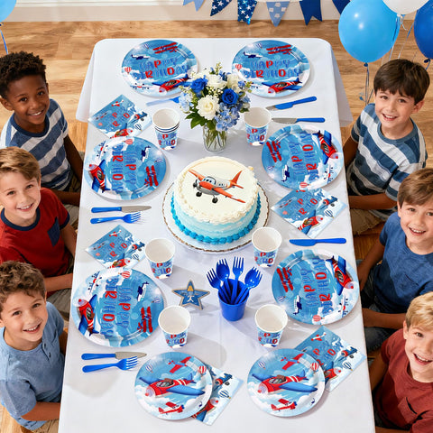 168 Pcs Airplane Birthday Party Plates Napkins Cups and Forks - Grencian