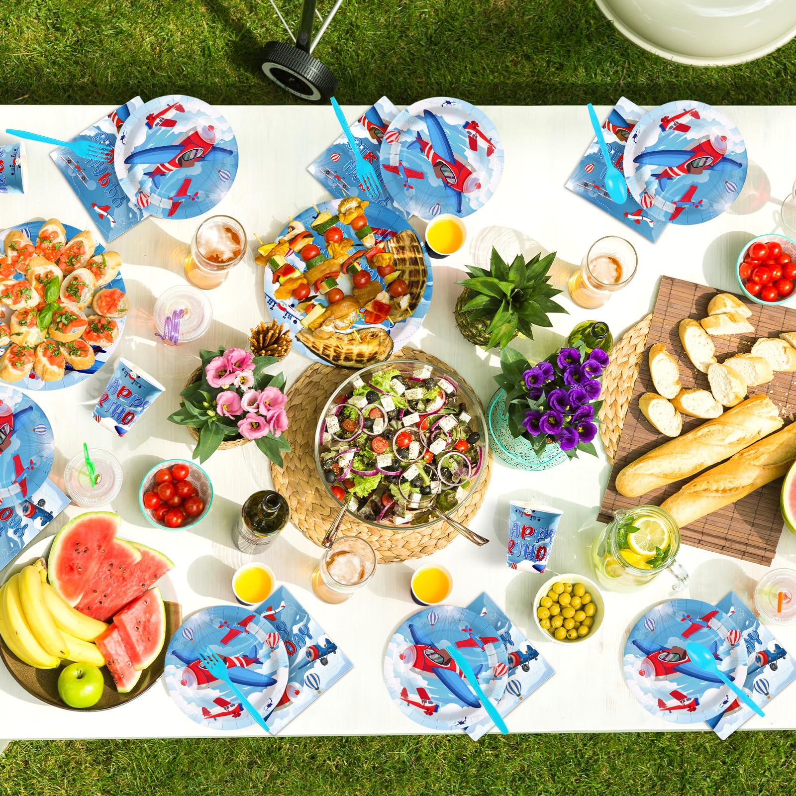 168 Pcs Airplane Birthday Party Plates Napkins Cups and Forks - Grencian