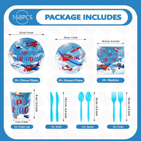 168 Pcs Airplane Birthday Party Plates Napkins Cups and Forks - Grencian