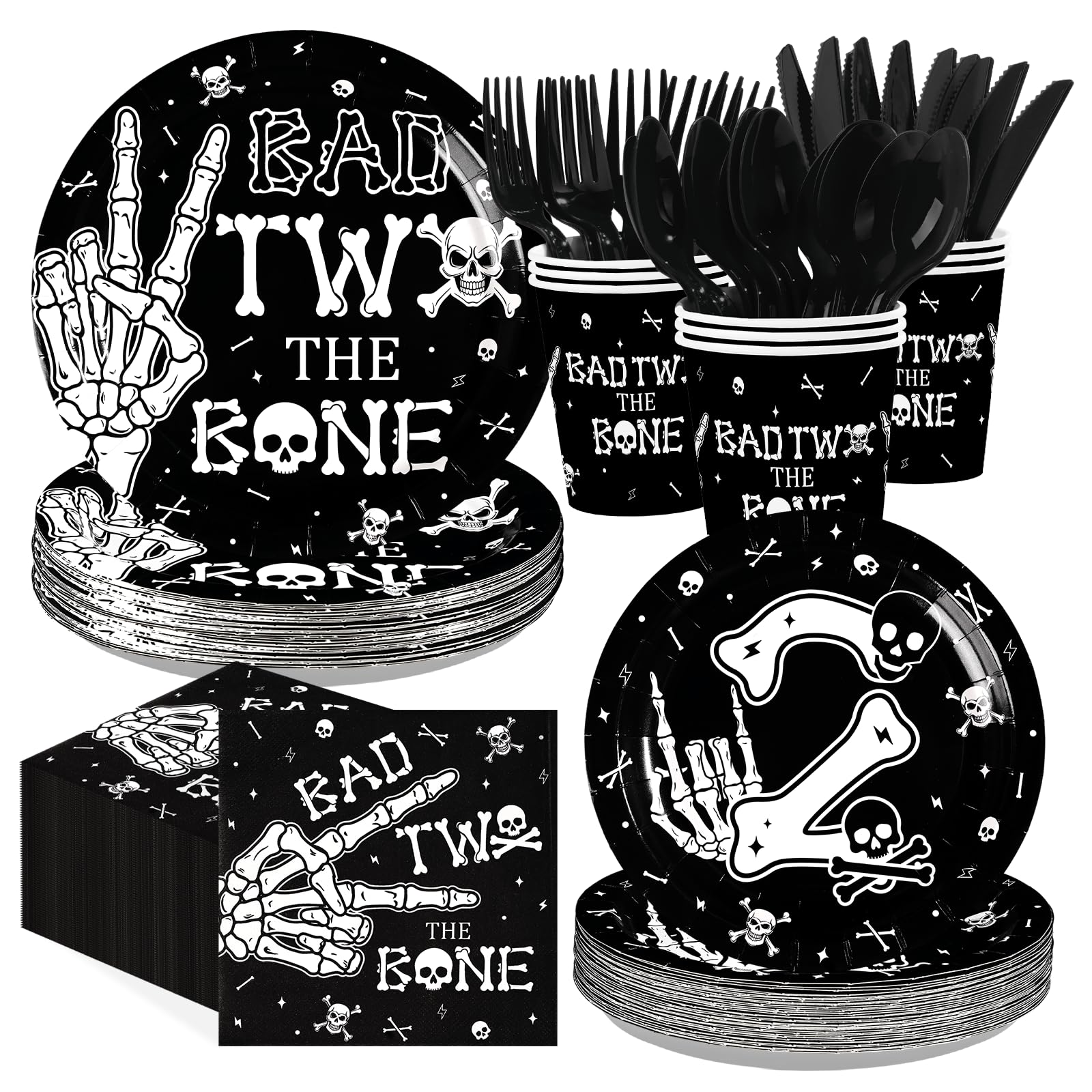 168 Pcs Bad Two The Bone Birthday Party Plates Napkins Cups and Forks - Grencian