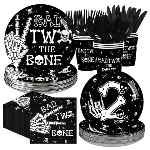 168 Pcs Bad Two The Bone Birthday Party Plates Napkins Cups and Forks - Grencian