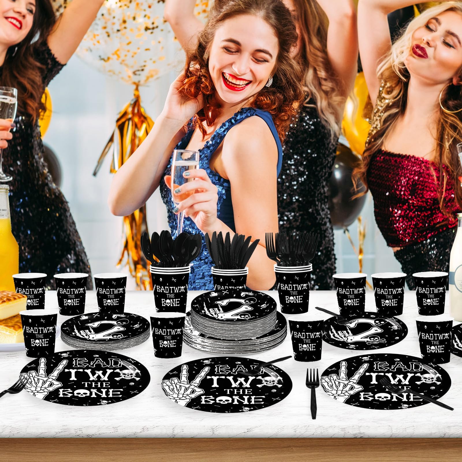 168 Pcs Bad Two The Bone Birthday Party Plates Napkins Cups and Forks - Grencian