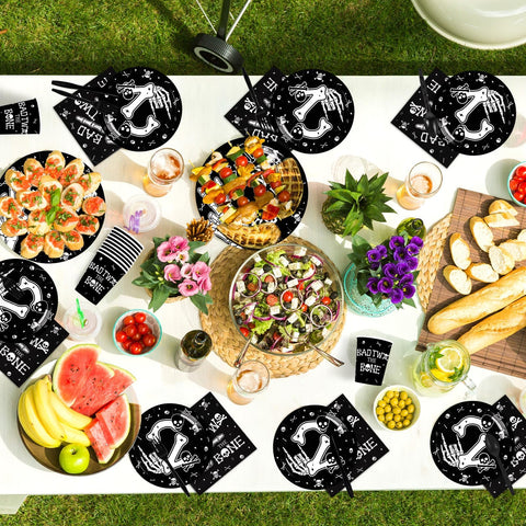 168 Pcs Bad Two The Bone Birthday Party Plates Napkins Cups and Forks - Grencian