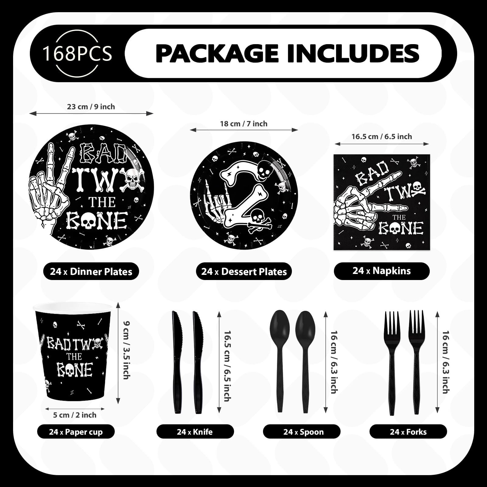 168 Pcs Bad Two The Bone Birthday Party Plates Napkins Cups and Forks - Grencian