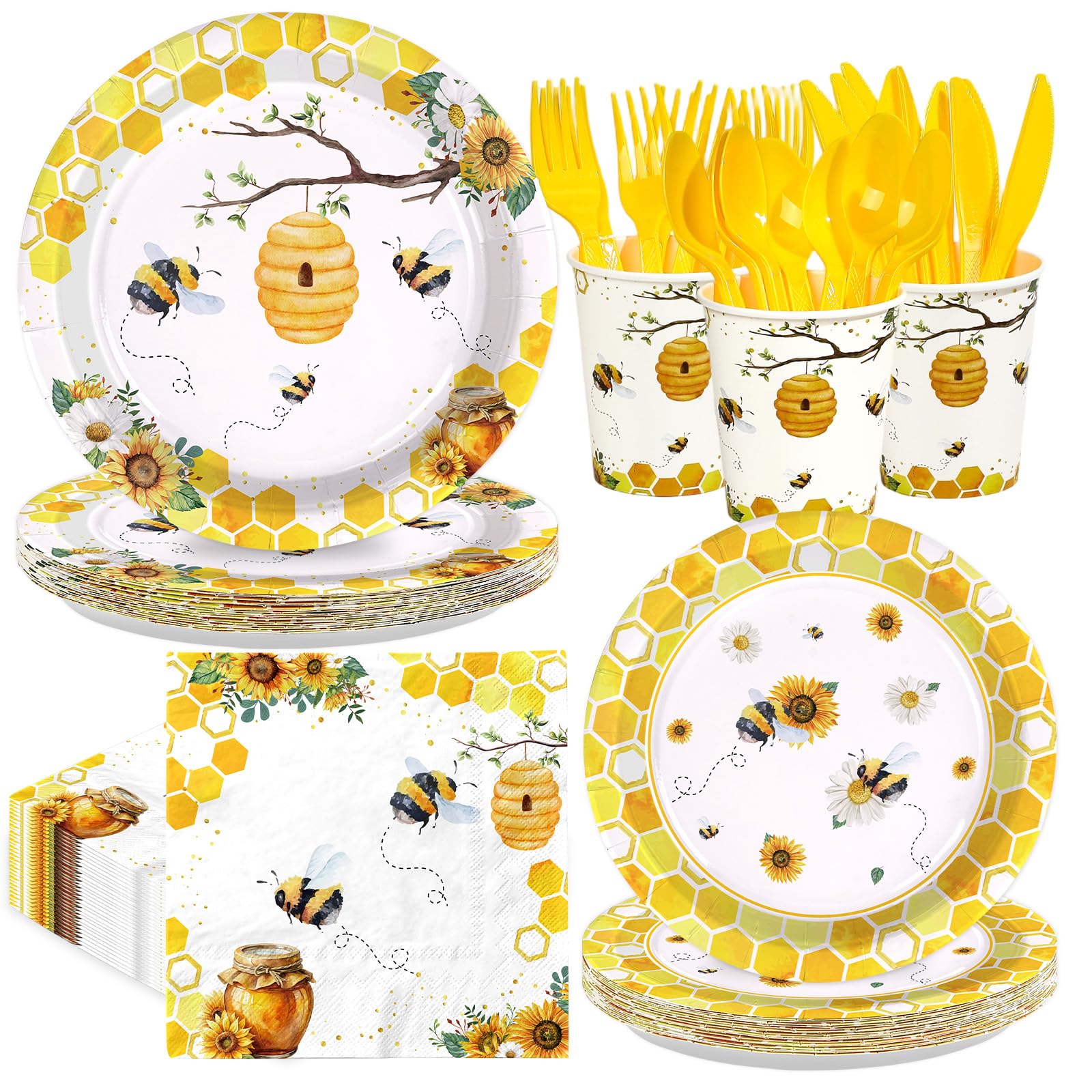 168 Pcs Bee Birthday Party Plates Napkins Cups and Forks - Grencian