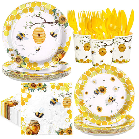 168 Pcs Bee Birthday Party Plates Napkins Cups and Forks - Grencian