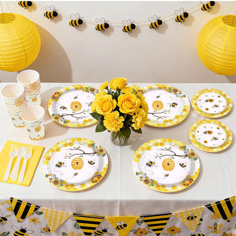 168 Pcs Bee Birthday Party Plates Napkins Cups and Forks - Grencian