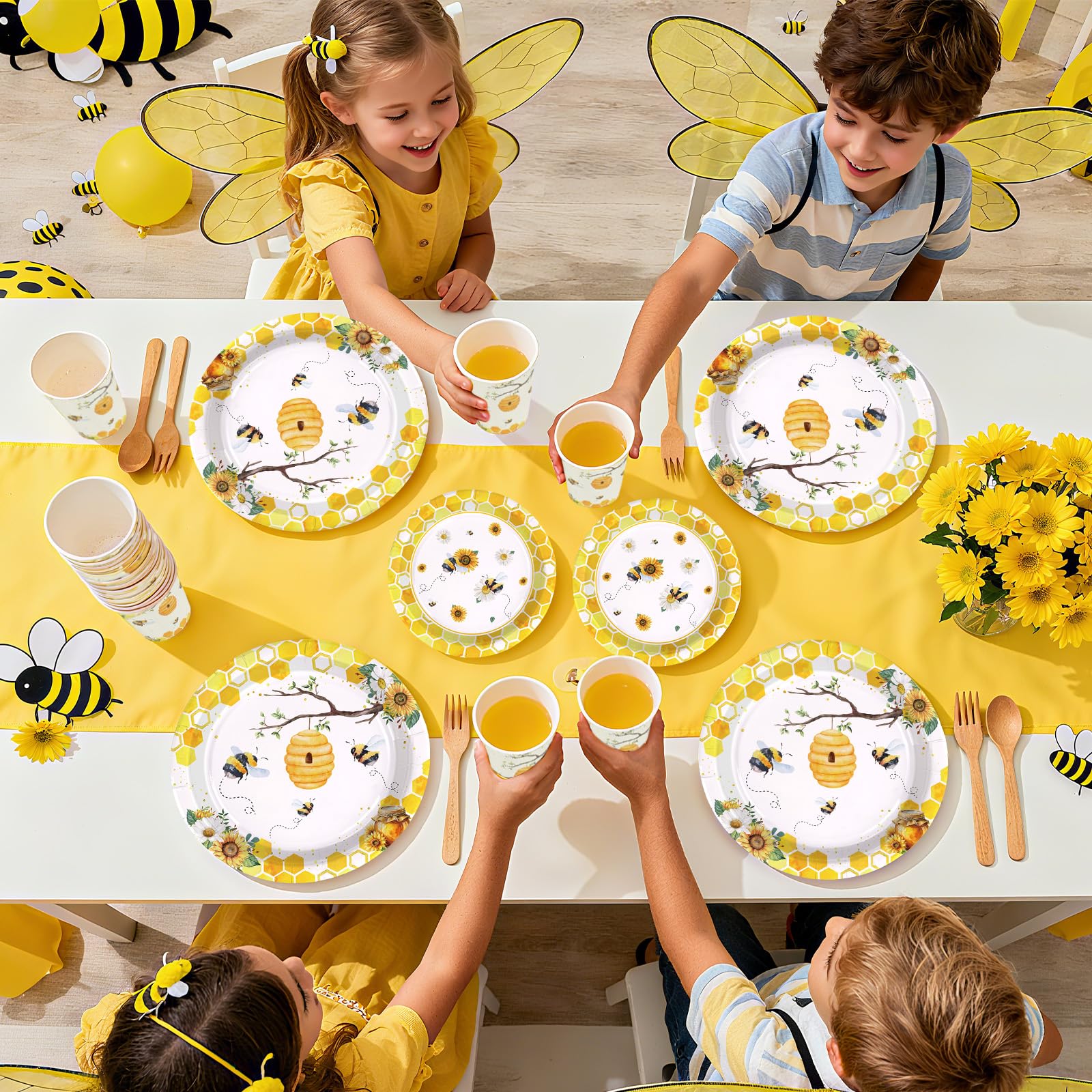 168 Pcs Bee Birthday Party Plates Napkins Cups and Forks - Grencian
