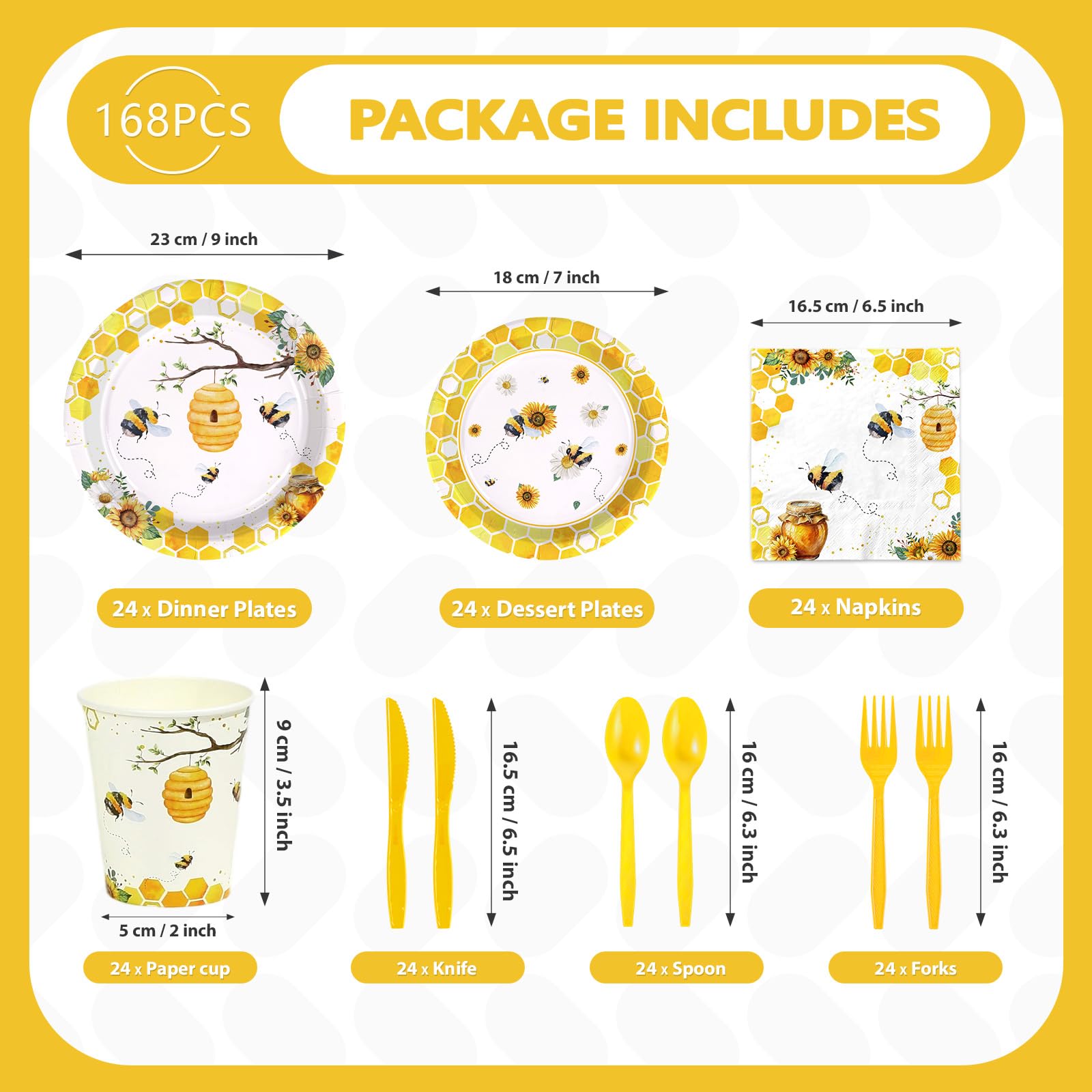168 Pcs Bee Birthday Party Plates Napkins Cups and Forks - Grencian