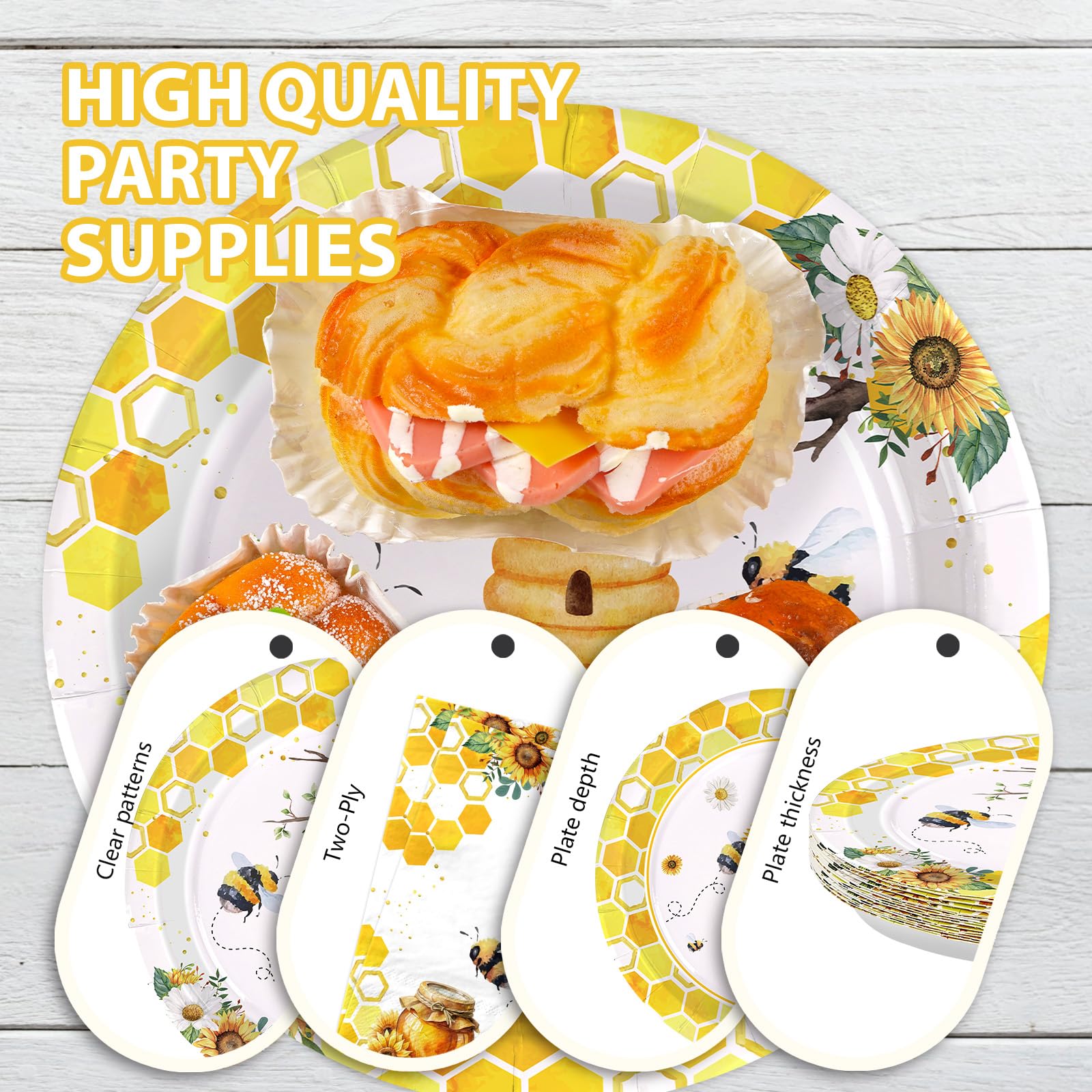 168 Pcs Bee Birthday Party Plates Napkins Cups and Forks - Grencian