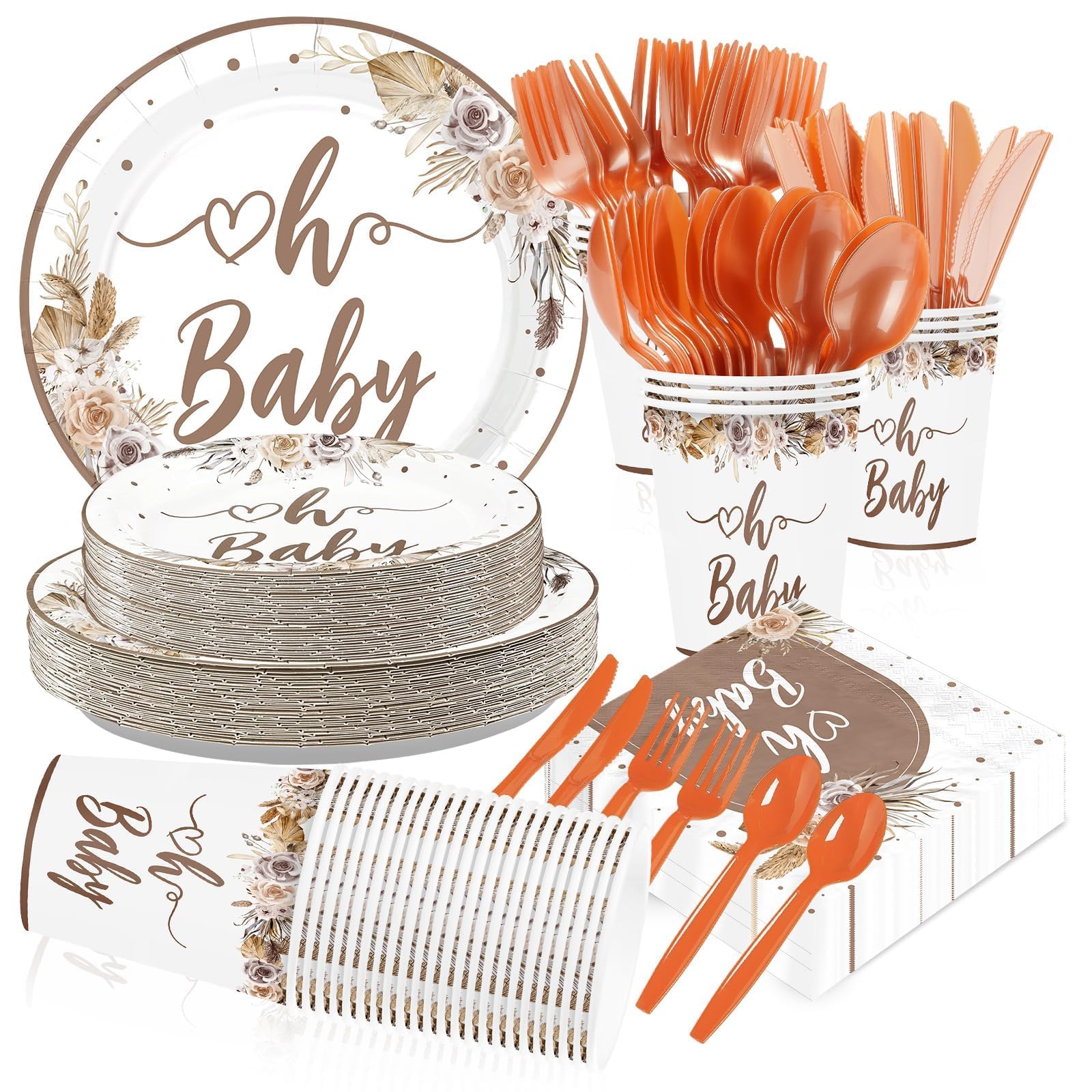 168 Pcs Boho Baby Shower Party Plates Napkins Cups and Forks - Grencian