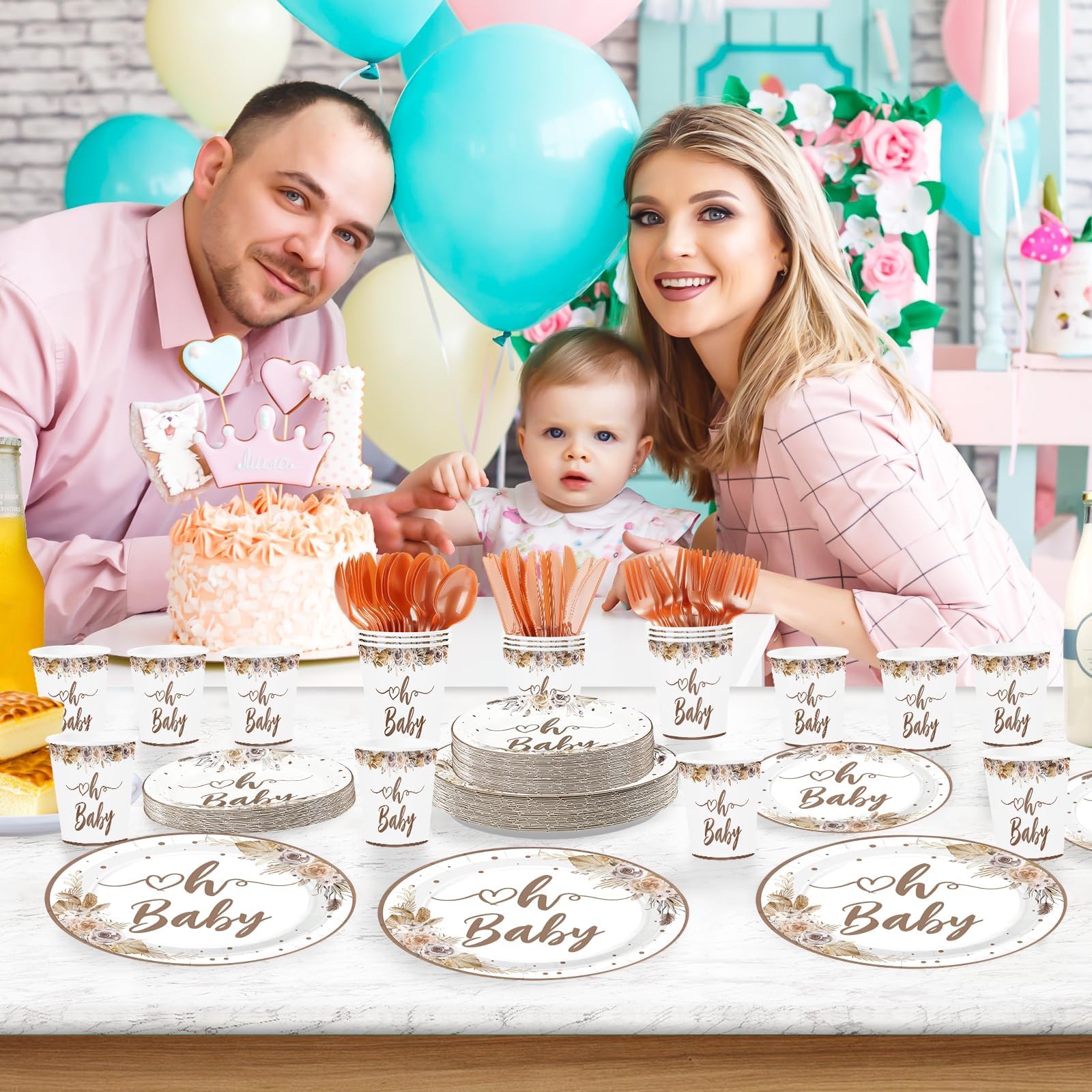 168 Pcs Boho Baby Shower Party Plates Napkins Cups and Forks - Grencian