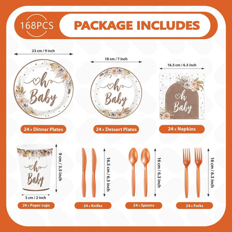 168 Pcs Boho Baby Shower Party Plates Napkins Cups and Forks - Grencian