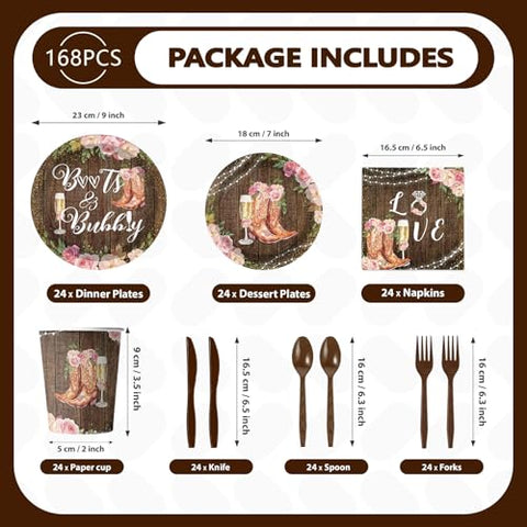 168 Pcs Boots Bubbly Bridal Shower Party Plates Napkins Cups and Forks - Grencian