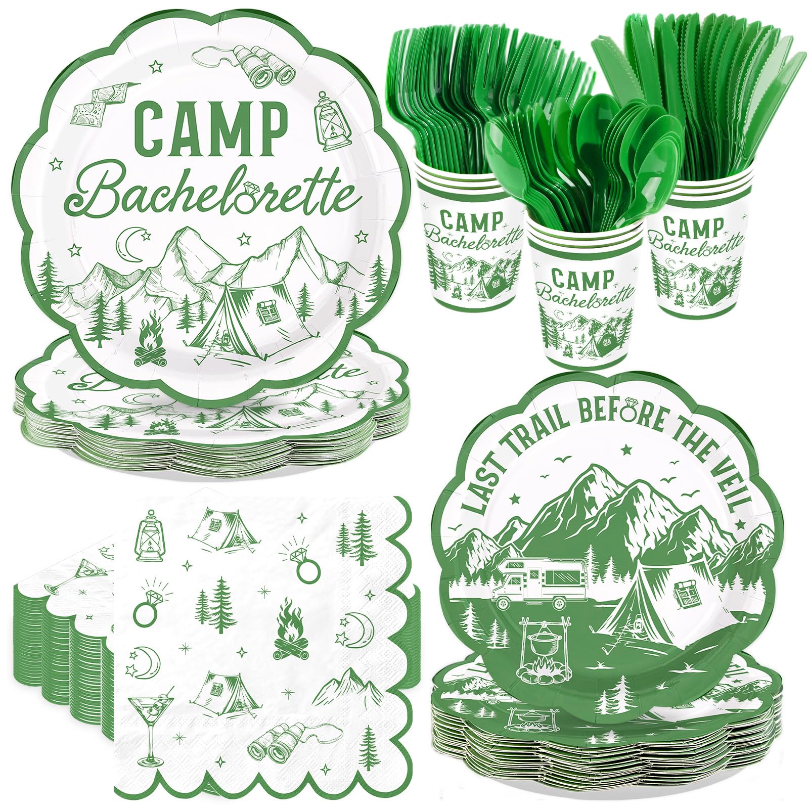 168 Pcs Camp Bachelorette Party Plates Napkins Cups and Forks - Grencian