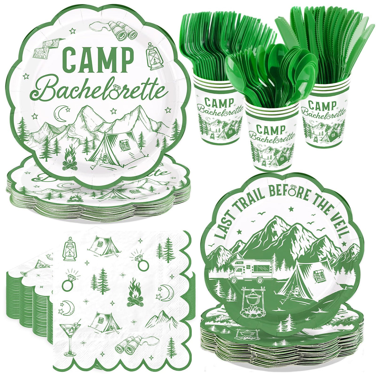 168 Pcs Camp Bachelorette Party Plates Napkins Cups and Forks - Grencian