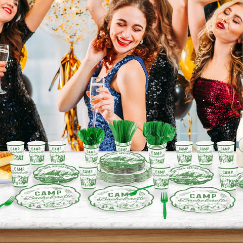 168 Pcs Camp Bachelorette Party Plates Napkins Cups and Forks - Grencian