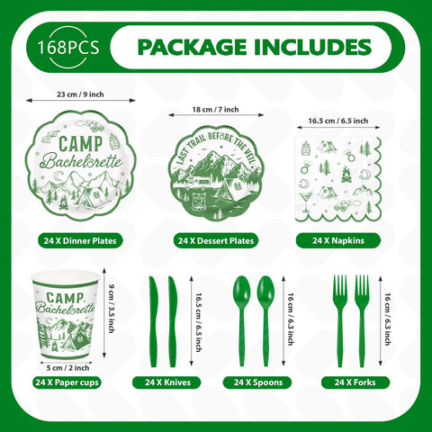 168 Pcs Camp Bachelorette Party Plates Napkins Cups and Forks - Grencian