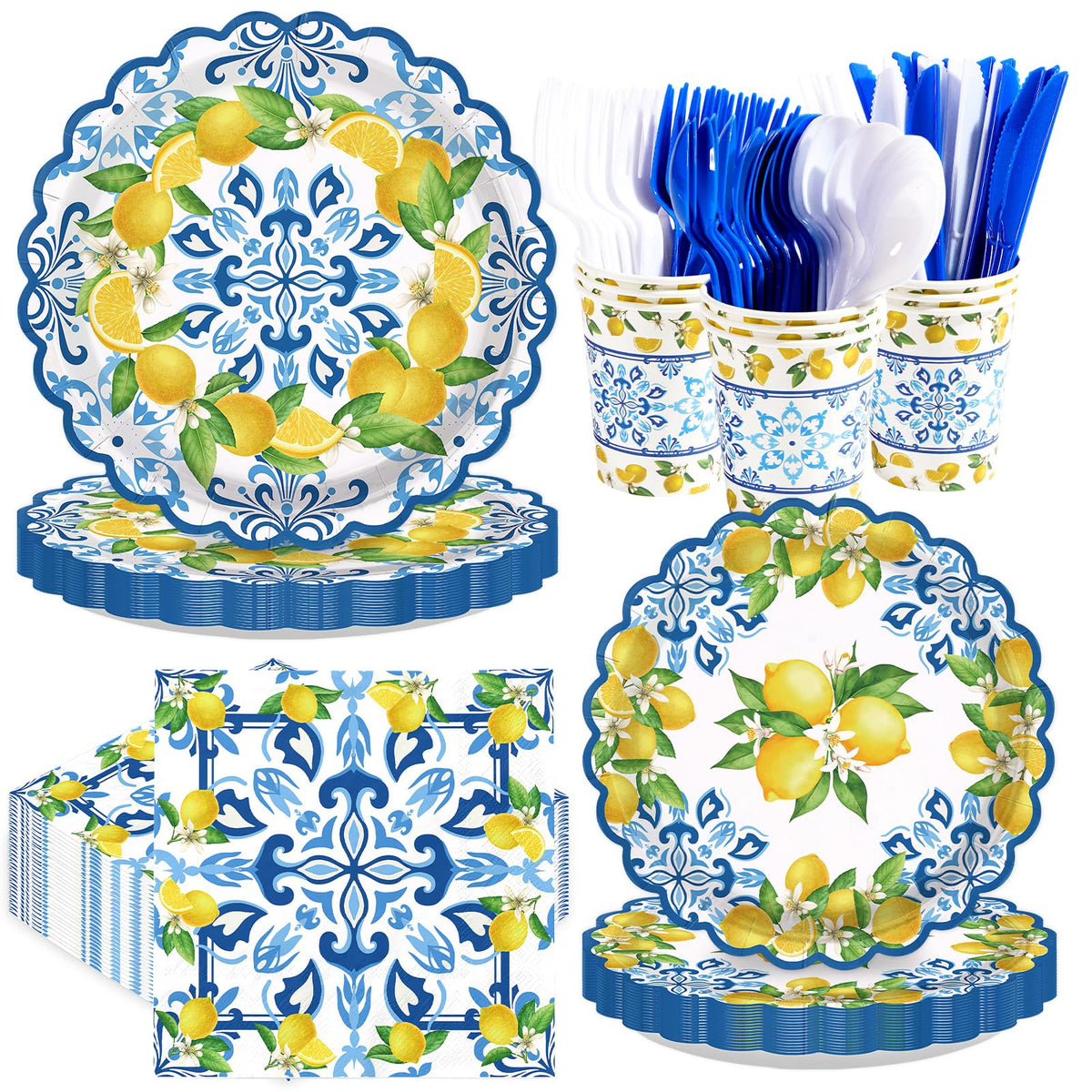 168 Pcs Capri Lemon Party Plates Napkins Cups and Forks - Grencian