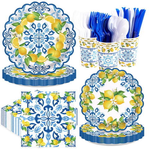 168 Pcs Capri Lemon Party Plates Napkins Cups and Forks - Grencian
