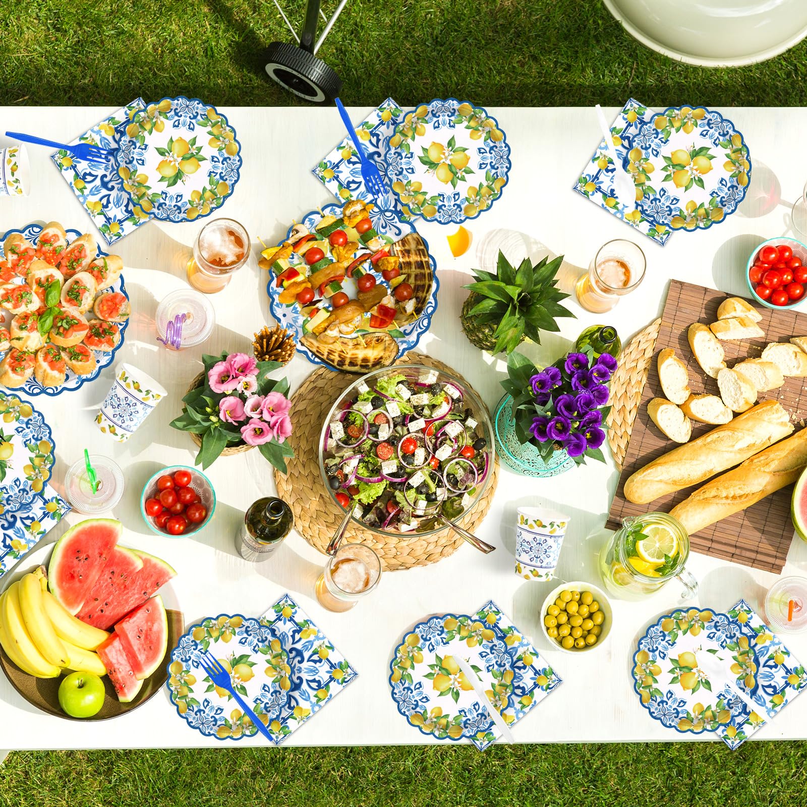 168 Pcs Capri Lemon Party Plates Napkins Cups and Forks - Grencian