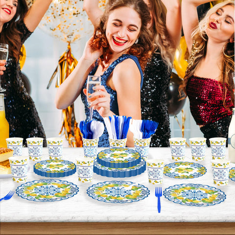 168 Pcs Capri Lemon Party Plates Napkins Cups and Forks - Grencian