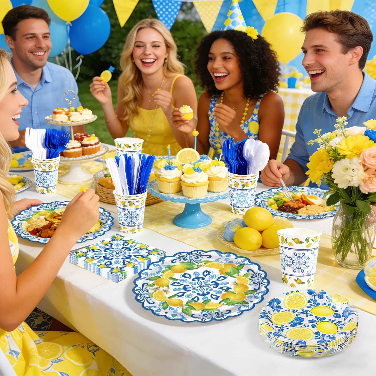 168 Pcs Capri Lemon Party Plates Napkins Cups and Forks - Grencian