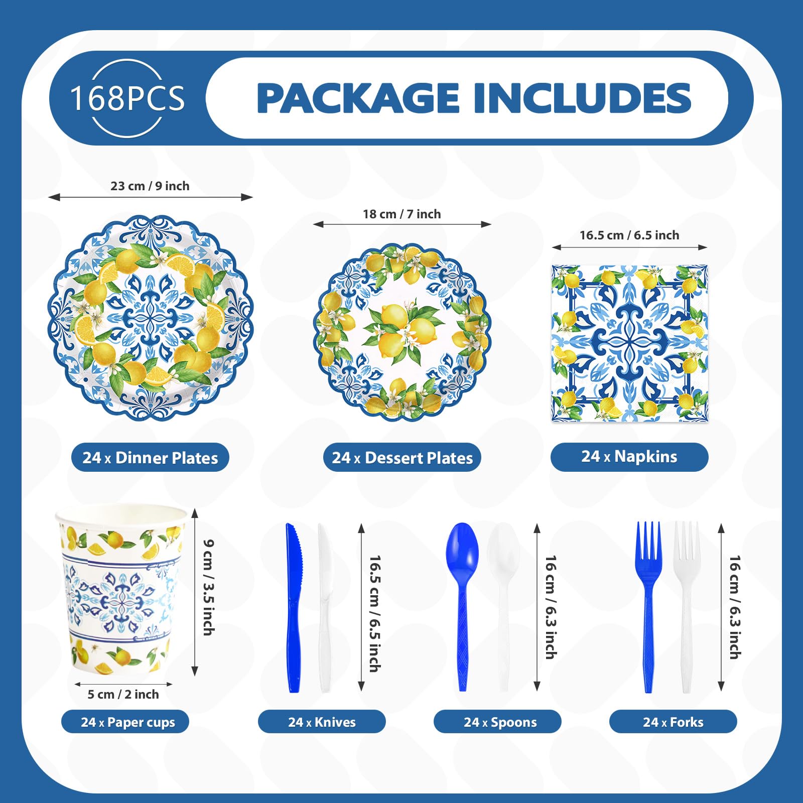 168 Pcs Capri Lemon Party Plates Napkins Cups and Forks - Grencian