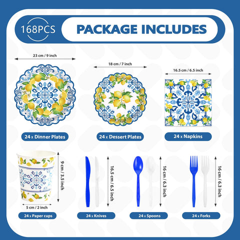 168 Pcs Capri Lemon Party Plates Napkins Cups and Forks - Grencian