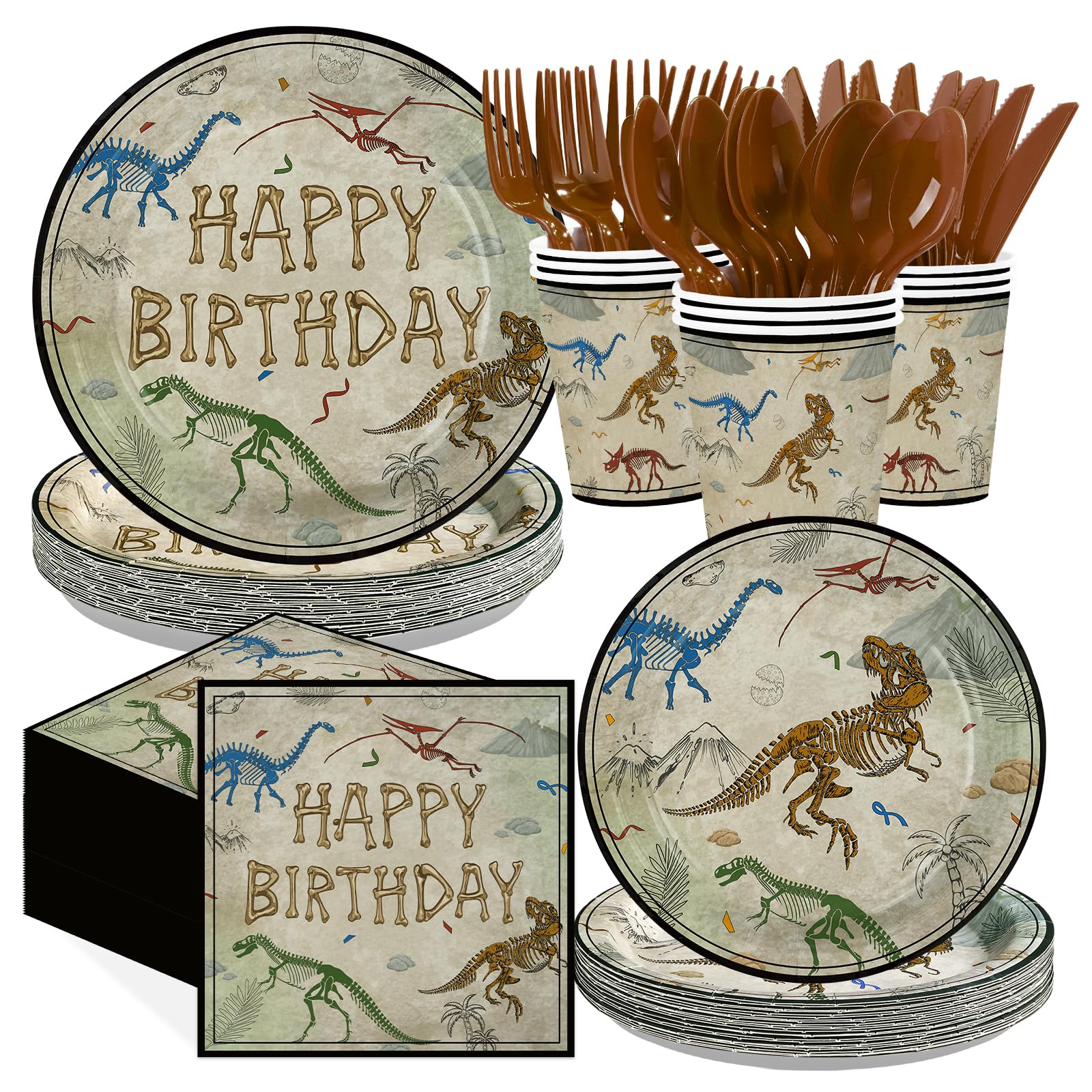 168 Pcs Dinosaur Fossil Birthday Party Plates Napkins Cups and Forks - Grencian