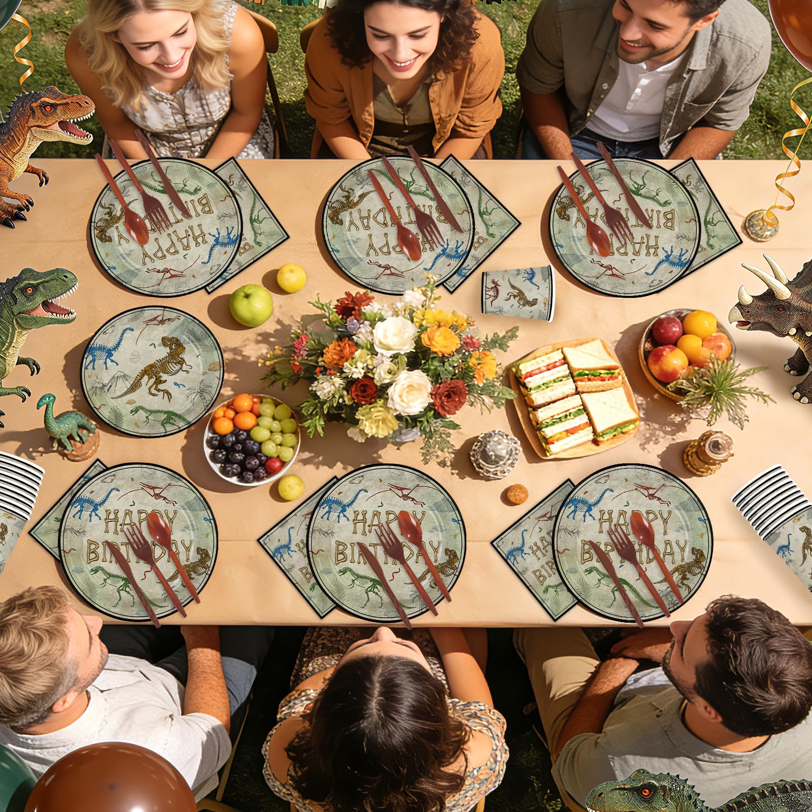 168 Pcs Dinosaur Fossil Birthday Party Plates Napkins Cups and Forks - Grencian