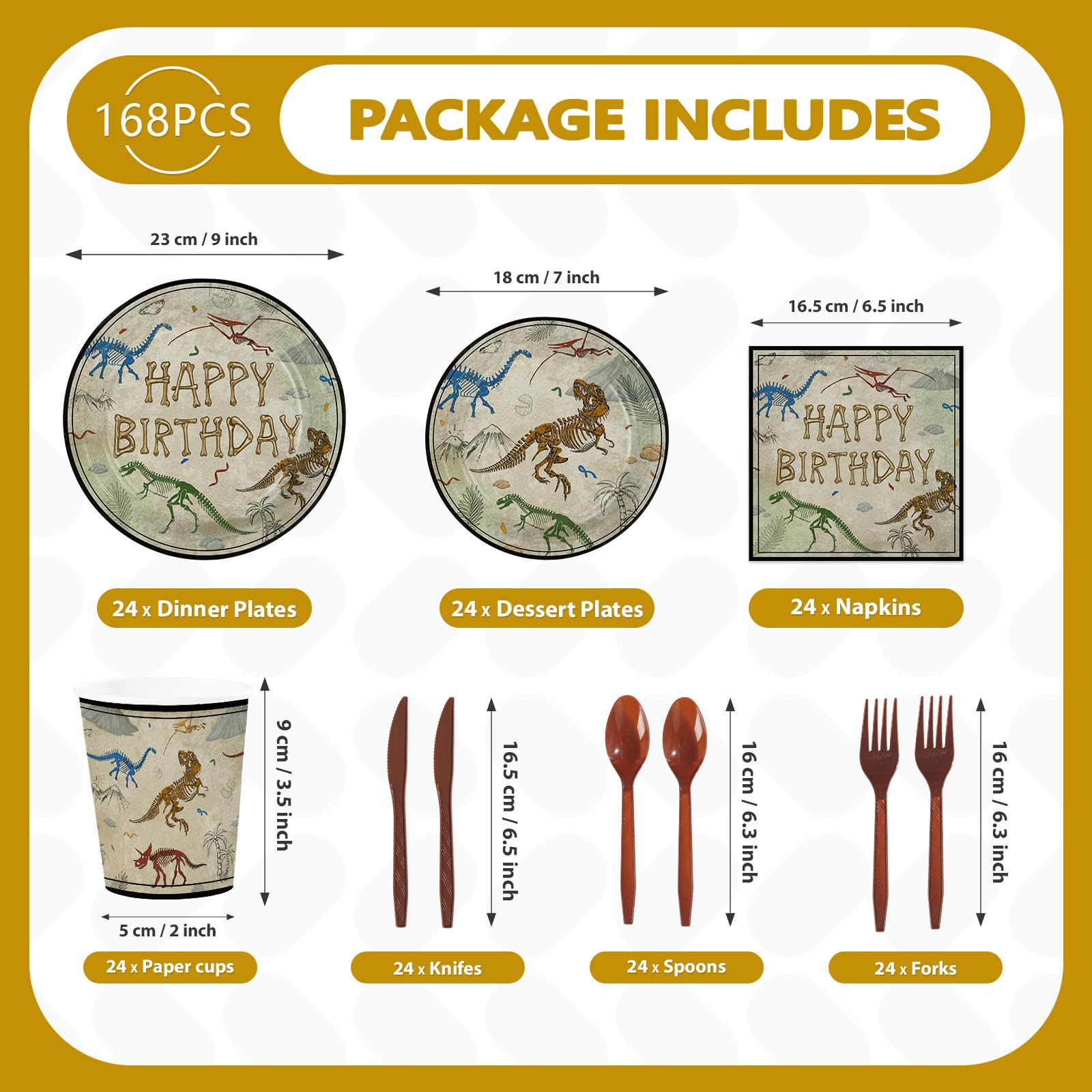 168 Pcs Dinosaur Fossil Birthday Party Plates Napkins Cups and Forks - Grencian