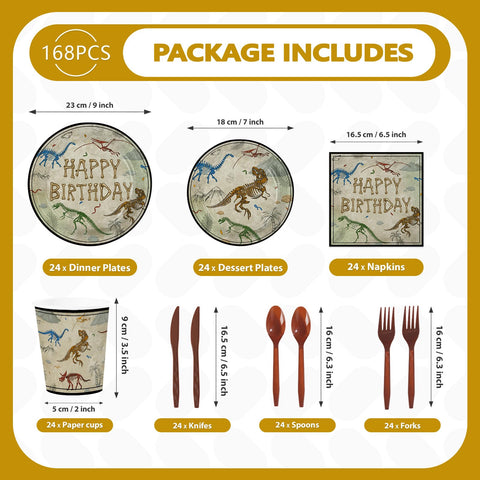168 Pcs Dinosaur Fossil Birthday Party Plates Napkins Cups and Forks - Grencian