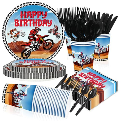 168 Pcs Dirt Bike Birthday Party Plates Napkins Cups and Forks - Grencian