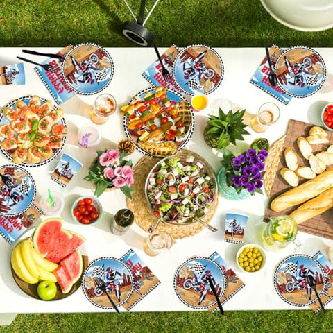168 Pcs Dirt Bike Birthday Party Plates Napkins Cups and Forks - Grencian